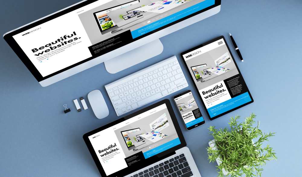 blue devices top view creative website builder 3d rendering 1
