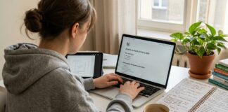 Jak zarabiać na szablonach Canva i Notion w 2026 roku? Kompletny przewodnik po kobiecym biznesie online i dochodzie pasywnym Osoba pracująca przy biurku w domu.