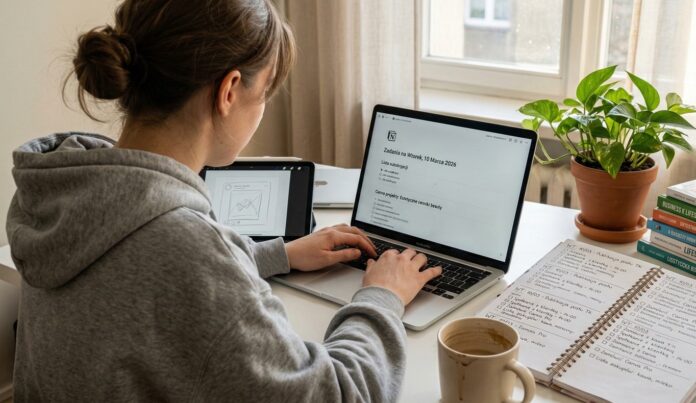 Osoba pracująca przy biurku w domu.