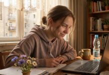 Jak zmienić zawód po 30. i 40. roku życia? 5 darmowych kursów online, które odmienią Twoją karierę w 2026 roku Kobieta pisze przy biurku w domu.