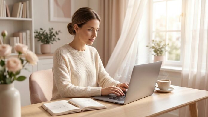 Kobieta pracująca przy laptopie.
